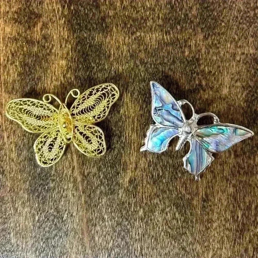 Butterfly Brooches Delicate gold tone and Abalone silver tone